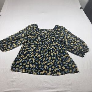 LC Lauren Conrad Navy Floral Square-Neck Top with Yellow & Light Blue Blooms